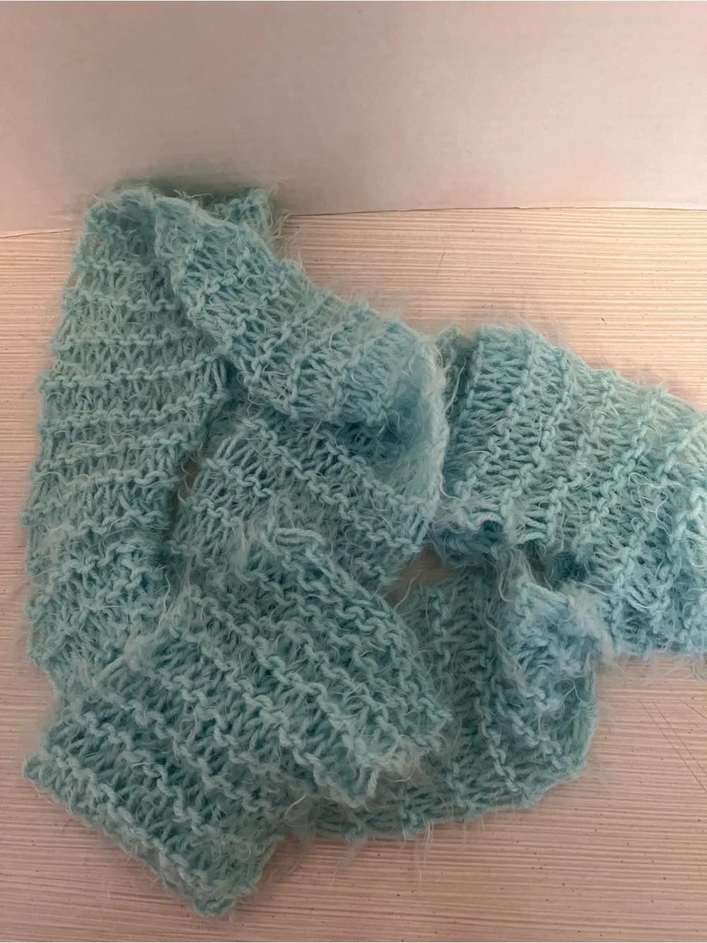 Vintage Hand Knitted Aqua Fluffy Scarf